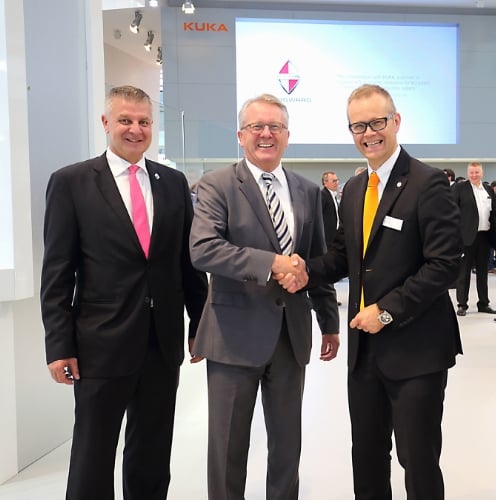 The partnership is sealed with a handshake: Tom Anliker, Vice President MSS, Ulrich Walker, CEO and Chairman of the Board of Borgward Group AG, and Stefan Lampa, CEO KUKA Roboter GmbH (PRNewsFoto/Borgward Group AG)