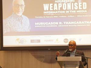 Murugason R. Thangaratnam, Executive Chairman at Advanced Security Network Sdn Bhd, speaking at the closing session of the recent roundtable on 'Addressing Weaponised Information in the Media'. Hilton Kuala Lumpur, 24 February 2022. | File Photo/MGBF