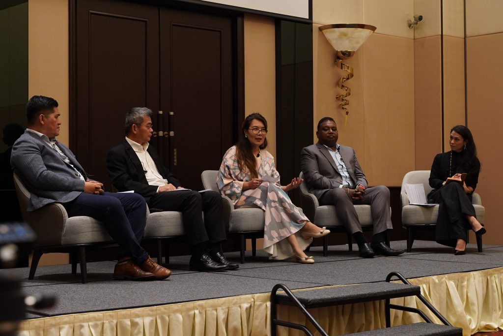 Panellists addressing disruptions in the supply chain at the MGBF Roundtable on ‘Security Concerns in Critical Value Chains’ on 24 May 2022 at Eastin Hotel Kuala Lumpur. From left: ACP Sarifudin Bin Mohd Salleh, Head of Traffic Investigation and Enforcement Department, Royal Malaysia Police (PDRM); Francis Koh, Head of Career Development, Digital Nasional Berhad; Senator Datuk Ras Adiba Radzi, Chairman of BERNAMA; M. Umapathy Sivan, Former CIO of Telekom and Chief Technology Officer of Novem CS Sdn Bhd; and Ruzanna Muhammad, Editor-at-Large for News Hub Asia. Source: MGBF